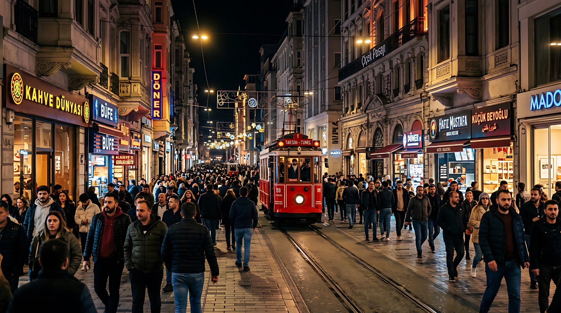 Multidão na Avenida Istiklal, em Istambul, à noite, com um elétrico histórico vermelho